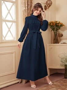 Seusyu 孔眼刺绣拼接荷叶边灯笼袖端庄长袖连衣裙