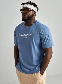 GENTILAND Men Plus Cotton Letter Print Round Neck T-Shirt - Blue - View 1