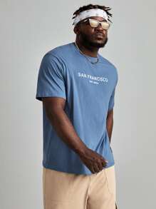 GENTILAND Men Plus Cotton Letter Print Round Neck T-Shirt - Blue - View 3