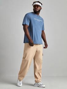 GENTILAND Men Plus Cotton Letter Print Round Neck T-Shirt - Blue - View 4