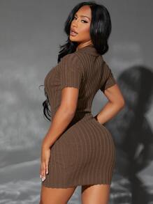 SHEIN SXY Vestido de punto ajustado con cordón delantero con abertura tejido de canalé ribete en abanico - Café integral - Ver 2