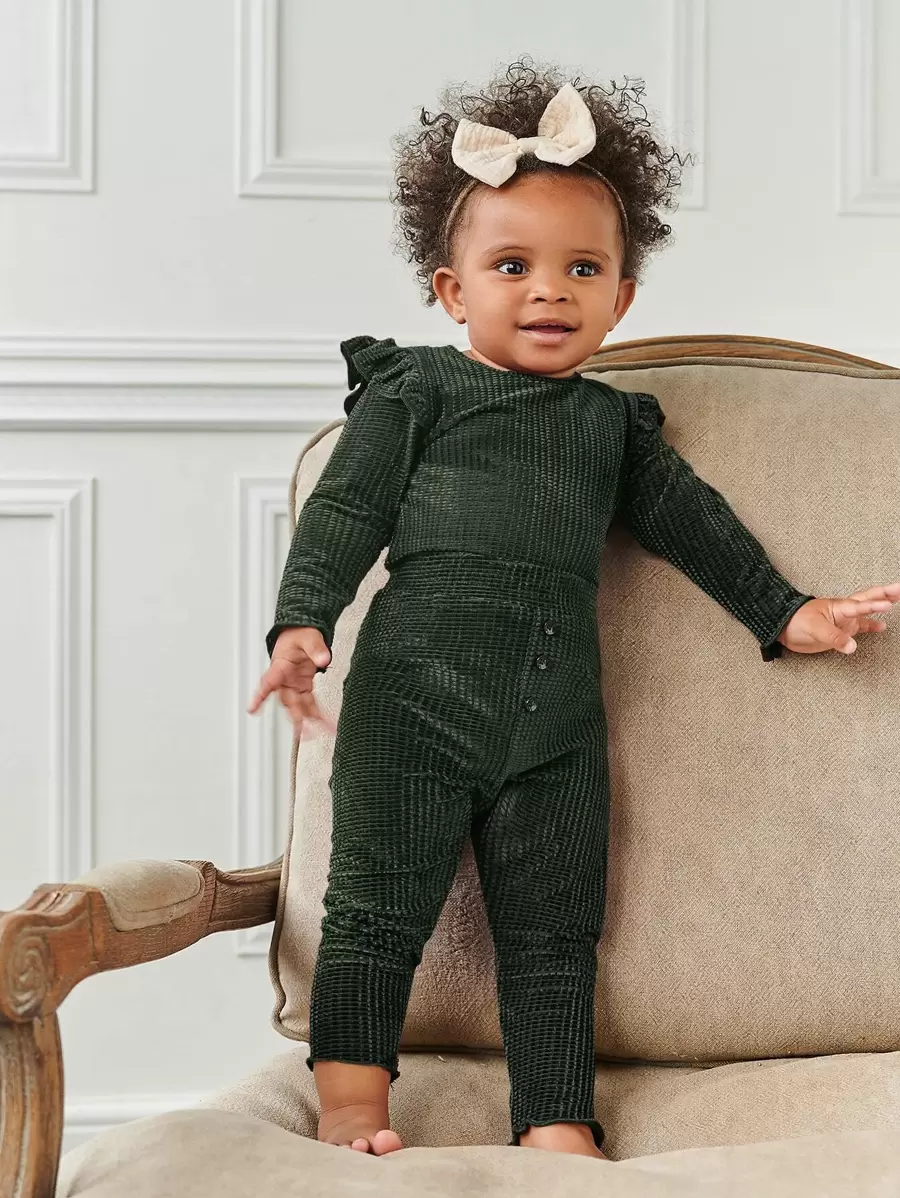 Bebé Top de terciopelo ribete en forma de lechuga fruncido con Pantalones - Verde militar - Ver 1