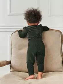 Bebé Top de terciopelo ribete en forma de lechuga fruncido con Pantalones - Verde militar - Ver 2