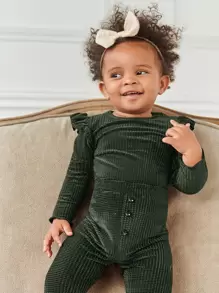 Bebé Top de terciopelo ribete en forma de lechuga fruncido con Pantalones - Verde militar - Ver 4