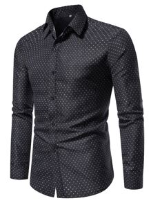 Manfinity Mode Men Allover Print Button Up Long Sleeve Casual Collar Shirt, For Work, Business - Black and White - View 1