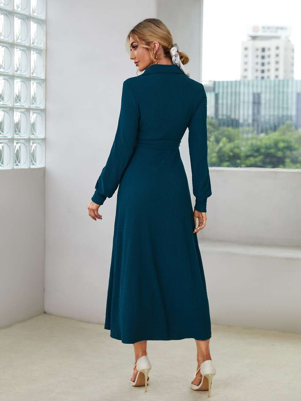 Half Button Belted Dress
