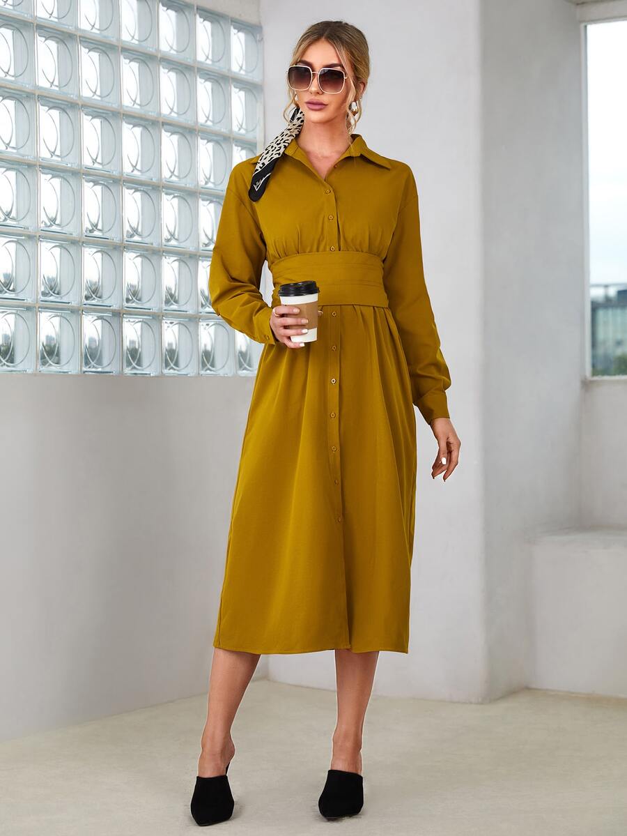 Mulvari Drop Shoulder Shirt Dress With Corset - Mustard Yellow - View 1