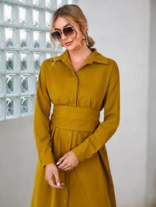 Mulvari Drop Shoulder Shirt Dress With Corset - Mustard Yellow - View 3