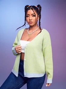 SHEIN Qutie 大碼前紐扣落肩袖開襟衫 - 彩色 - 查看 3