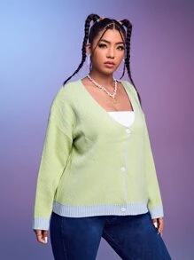 SHEIN Qutie 大碼前紐扣落肩袖開襟衫 - 彩色 - 查看 5