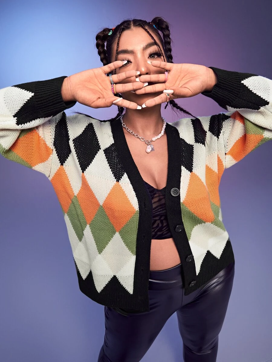 SHEIN Qutie áo hở cổ kích thước lớn Nút phía trước Hình học Giải trí - Nhiều màu - Xem 1