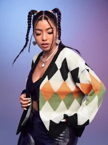 SHEIN Qutie áo hở cổ kích thước lớn Nút phía trước Hình học Giải trí - Nhiều màu - Xem 3