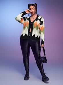 SHEIN Qutie áo hở cổ kích thước lớn Nút phía trước Hình học Giải trí - Nhiều màu - Xem 4