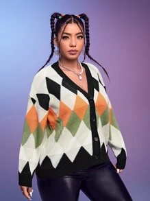 SHEIN Qutie áo hở cổ kích thước lớn Nút phía trước Hình học Giải trí - Nhiều màu - Xem 5