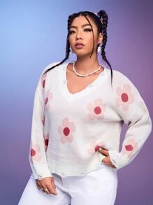 SHEIN EZwear Plus Floral Pattern Drop Shoulder Jumper - White - View 1