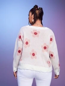 SHEIN EZwear Plus Floral Pattern Drop Shoulder Jumper - White - View 2