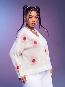 SHEIN EZwear Plus Floral Pattern Drop Shoulder Jumper - White - View 4