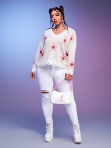 SHEIN EZwear Plus Floral Pattern Drop Shoulder Jumper - White - View 5
