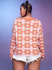 SHEIN EZwear Plus Floral & Gingham Pattern Sweater - Multicolor - View 2