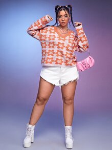 SHEIN EZwear Plus Floral & Gingham Pattern Sweater - Multicolor - View 3
