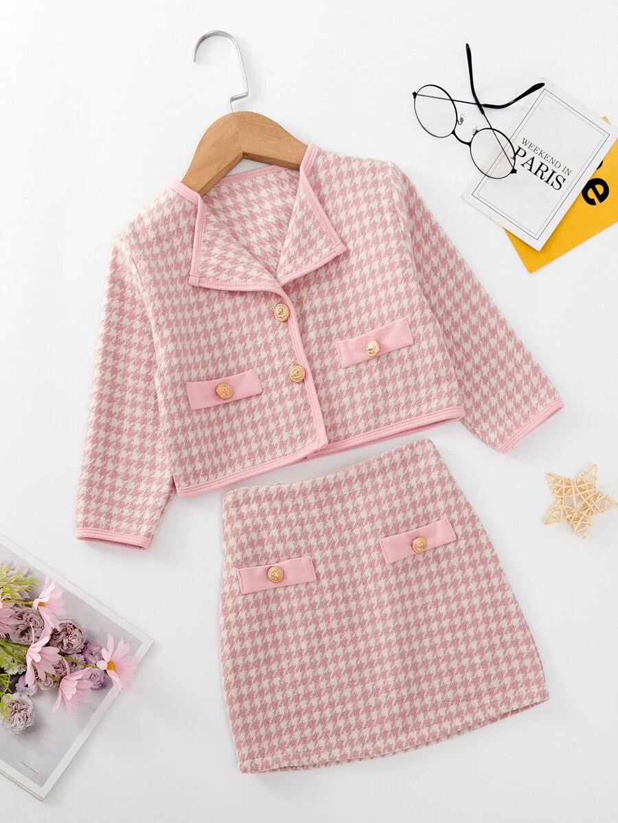 Toddler Girls Houndstooth Button Detail Jacket & Skirt - Pink - View 1