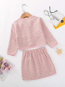 Toddler Girls Houndstooth Button Detail Jacket & Skirt - Pink - View 2