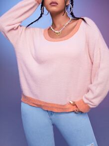 SHEIN EZwear Jersey de cuello scoop de hombros caídos de color combinado - Rosa - Ver 1