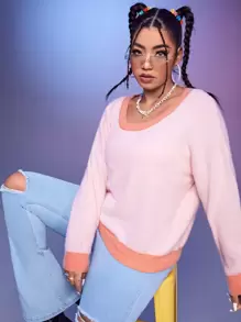 SHEIN EZwear Jersey de cuello scoop de hombros caídos de color combinado - Rosa - Ver 3