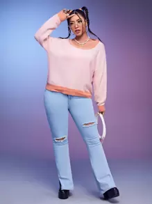 SHEIN EZwear Jersey de cuello scoop de hombros caídos de color combinado - Rosa - Ver 4