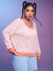 SHEIN EZwear Jersey de cuello scoop de hombros caídos de color combinado - Rosa - Ver 5