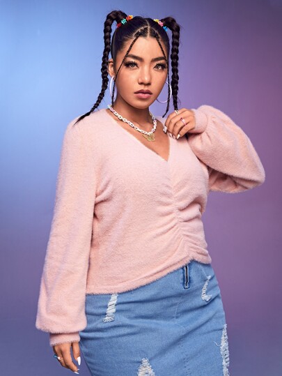 Plus Bishop Sleeve Ruched Detail Sweater