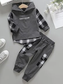 SHEIN Explorewe 青年男孩格子圖案及字母圖案連帽衛衣及有扣蓋口袋運動長褲