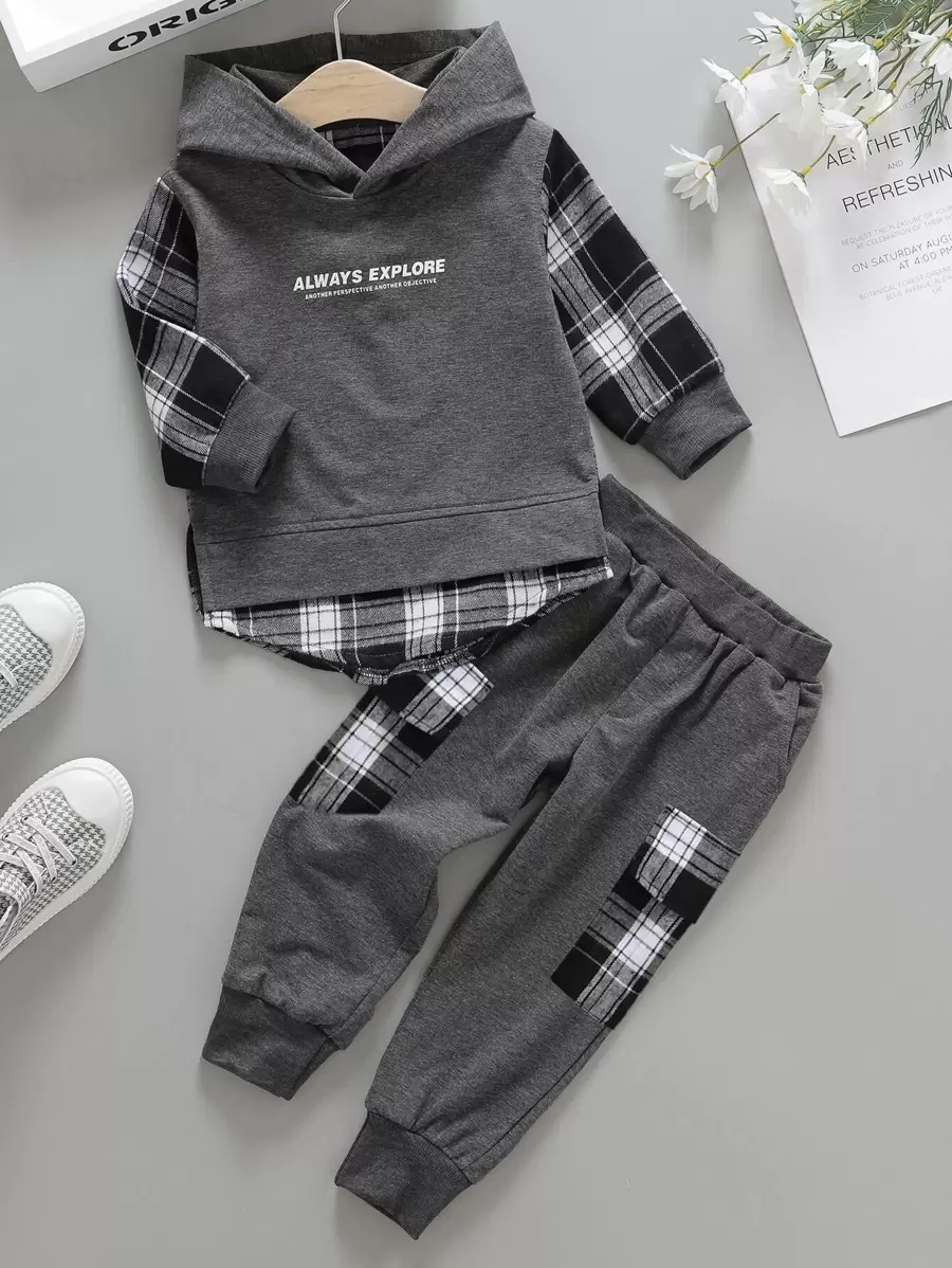 SHEIN Explorewe 青年男孩格子圖案及字母圖案連帽衛衣及有扣蓋口袋運動長褲