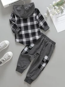 SHEIN Explorewe 青年男孩格子圖案及字母圖案連帽衛衣及有扣蓋口袋運動長褲