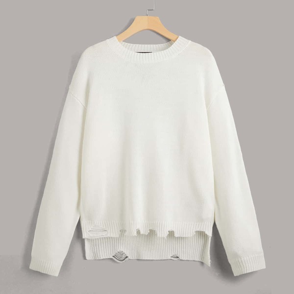 

Plus Solid Raw Hem Drop Shoulder Sweater, White