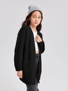 SHEIN Tween Girl Solid Drop Shoulder Dual Pocket Cardigan - Black - View 1