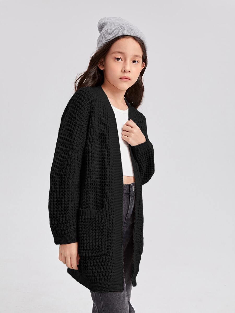 SHEIN Tween Girl Solid Drop Shoulder Dual Pocket Cardigan - Black - View 1