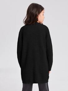 SHEIN Tween Girl Solid Drop Shoulder Dual Pocket Cardigan - Black - View 2