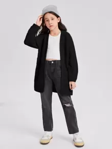 SHEIN Tween Girl Solid Drop Shoulder Dual Pocket Cardigan - Black - View 3
