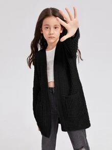 SHEIN Tween Girl Solid Drop Shoulder Dual Pocket Cardigan - Black - View 4