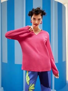 NOOR BREICH Solid V Neck Tee - Hot Pink - View 1