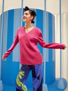 NOOR BREICH Solid V Neck Tee - Hot Pink - View 3