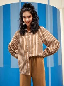 SHANNEN Business Casual Striped Dual Pocket Single Breasted Shirt, Office - Brown - View 1