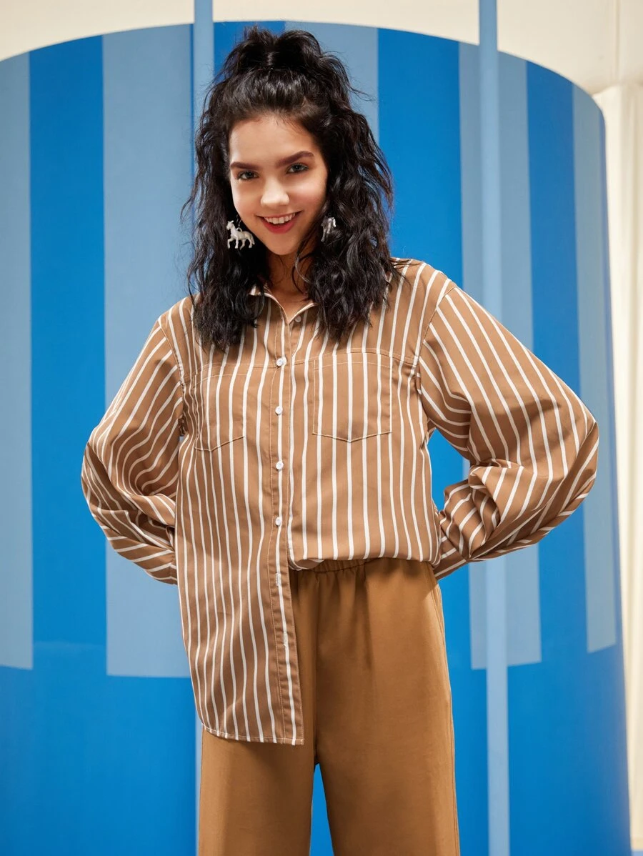 SHANNEN Business Casual Striped Dual Pocket Single Breasted Shirt, Office - Brown - View 1