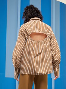 SHANNEN Business Casual Striped Dual Pocket Single Breasted Shirt, Office - Brown - View 2