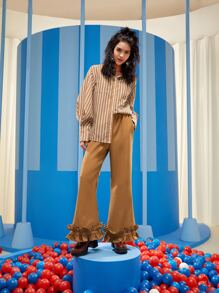 SHANNEN Business Casual Striped Dual Pocket Single Breasted Shirt, Office - Brown - View 4