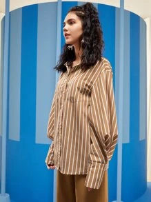 SHANNEN Business Casual Striped Dual Pocket Single Breasted Shirt, Office - Brown - View 5