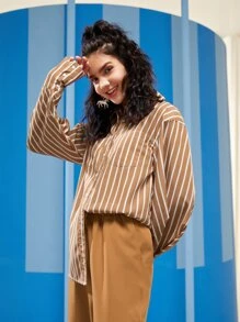 SHANNEN Business Casual Striped Dual Pocket Single Breasted Shirt, Office - Brown - View 6