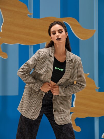 TATYANA Notched Collar Flap Detail Gingham Blazer