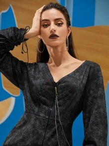 TATYANA Zip Up Drop Shoulder Pocket Patched Chain Detail Dress - Multicolor - View 3